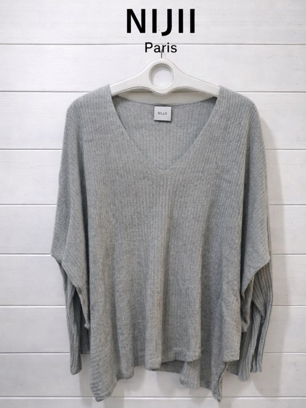 NIJII PARIS Grey Asymmetrical Ribbed Top – Size 38